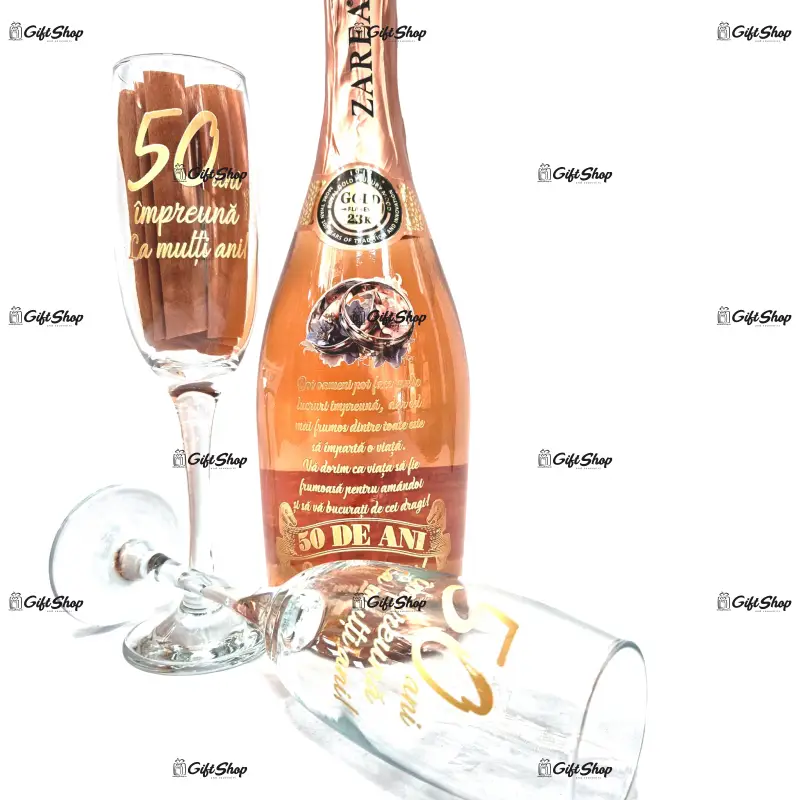 Pachet pentru cadou zarea ceremony, rose royal gold 23k, alb 0.75l cu 2 pahare personalizat